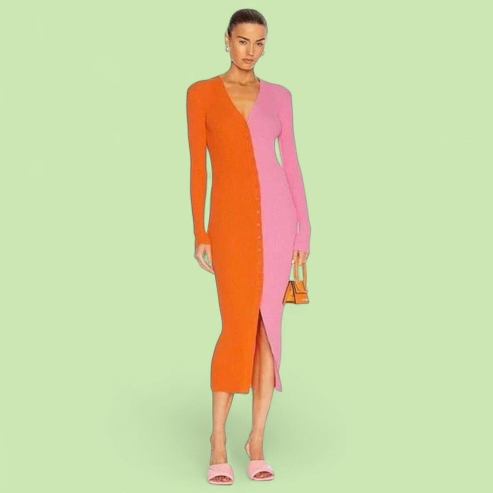 STAUD Vibrant Orange and Pink Long Sleeve Dress | shoko midi dress